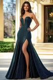 Glitter Dark Green A Line Sweetheart Long Formal Dress with Slit