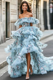 Blue Floral Ruffled Organza Off the Shoulder Asymmetrical Formal Dress