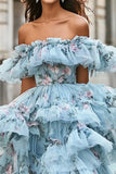 Blue Floral Ruffled Organza Off the Shoulder Asymmetrical Formal Dress