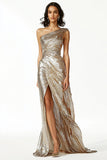 Glitter Gold Sheath One Shoulder Ruched Formal Dress with Slit