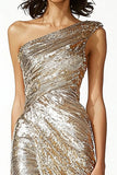 Glitter Gold Sheath One Shoulder Ruched Formal Dress with Slit