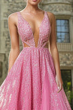 Fuchsia V Neck A Line Lace Applique Formal Dress