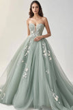 Grey Green Tulle Sweetheart A Line Formal Dress with Appliques