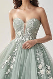 Grey Green Tulle Sweetheart A Line Formal Dress with Appliques