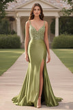 Satin Sage V Neck Sheath Lace Applique Formal Dress with Slit