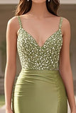 Satin Sage V Neck Sheath Lace Applique Formal Dress with Slit