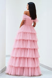 Pleated Tulle A Line Off the Shoulder Pink Formal Dress