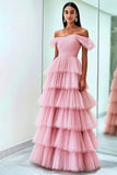 Pleated Tulle A Line Off the Shoulder Pink Formal Dress