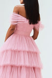 Pleated Tulle A Line Off the Shoulder Pink Formal Dress