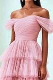 Pleated Tulle A Line Off the Shoulder Pink Formal Dress