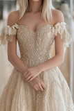 Sparkly Champagne Tulle Sweetheart Off the Shoulder Formal Dress