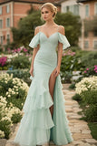 Mint Chiffon Cold Shoulder Appliques Ruffle Formal Dress with Slit