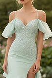 Mint Chiffon Cold Shoulder Appliques Ruffle Formal Dress with Slit