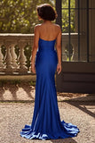 Royal Blue Satin V Neck Pleated Sheath Formal Dress with Slit