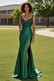 Spaghetti Straps Dark Green Sheath Satin Beaded Formal Dress with Slit