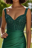 Spaghetti Straps Dark Green Sheath Satin Beaded Formal Dress with Slit