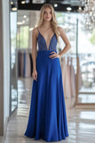 Royal Blue Deep V Neck Spaghetti Straps A Line Formal Dress