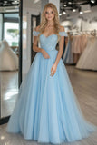 Lace Tulle A Line Sky Blue Off the Shoulder Formal Dress