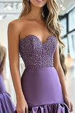 Plum Satin Ruffle A Line Sweetheart Formal Dress with Beading