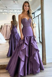 Plum Satin Ruffle A Line Sweetheart Formal Dress with Beading