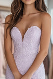 Strapless Lilac Lace Appliques Sheath Formal Dress