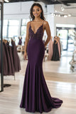 Lace Satin Dark Purple Sheath Deep V Neck Formal Dress