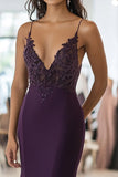 Lace Satin Dark Purple Sheath Deep V Neck Formal Dress