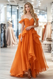 Organza Lace Orange A Line Off the Shoulder Ruffled Long Formal Dress