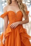 Organza Lace Orange A Line Off the Shoulder Ruffled Long Formal Dress