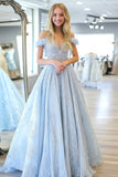 Sky Blue Princess Off the Shoulder Lace Applique Long Formal Dress