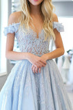 Sky Blue Princess Off the Shoulder Lace Applique Long Formal Dress