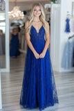 Royal Blue A Line Spaghetti Straps Lace Applique Long Formal Dress