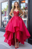 Taffeta Red A Line High-Low Length Strapless Formal Dress with Beading