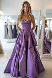 Plum Taffeta Sweetheart A Line Ruffled Pleated Long Formal Dress