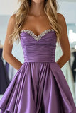 Plum Taffeta Sweetheart A Line Ruffled Pleated Long Formal Dress