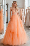 Orange Princess Sweetheart Lace Applique Tulle Long Formal Dress