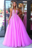 Fuchsia Princess Spaghetti Straps Tulle Long Formal Dress with Appliques