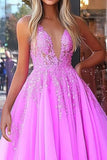 Fuchsia Princess Spaghetti Straps Tulle Long Formal Dress with Appliques