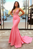 Mermaid Deep V Neck Pink Satin Formal Dress with Beading