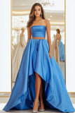 Blue Satin Strapless High-Low Length 2-Piece Formal Dress