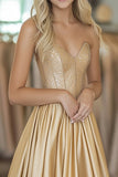 Gold Satin Sweetheart A Line Ruched Formal Dress with Beading