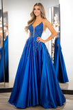 Princess Satin Royal Blue Spaghetti Straps Formal Dress with Appliques