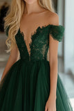 Dark Green Princess Tulle Off The Shoulder Long Formal Dress with Lace Appliques