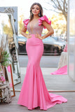 Pink Mermaid Satin Deep V Neck Beaded Formal Dress with Ruffled Sleeves