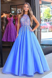 Blue Organza Lace Scoop Neck Princess Formal Dress with Appliques