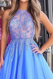 Blue Organza Lace Scoop Neck Princess Formal Dress with Appliques