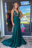 Glitter Dark Green Mermaid Spaghetti Straps Satin Long Prom Dress with Appliques