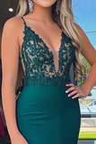 Glitter Dark Green Mermaid Spaghetti Straps Satin Long Prom Dress with Appliques