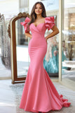 Pink Mermaid V-Neck Ruffled Sleeves Satin Long Prom Dress