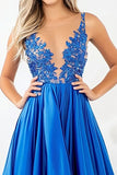 Royal Blue Satin Lace Applique V-Neck Asymmetrical Formal Dress with Slit